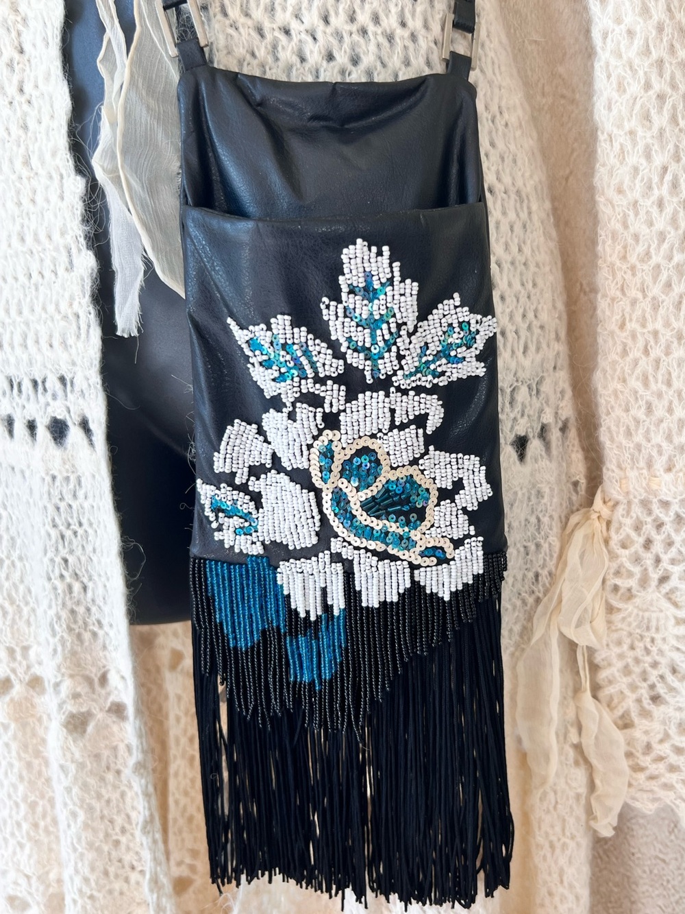 Cache Black Small Beaded Flower Bag with Beaded Fringe - Picture 3 of 13